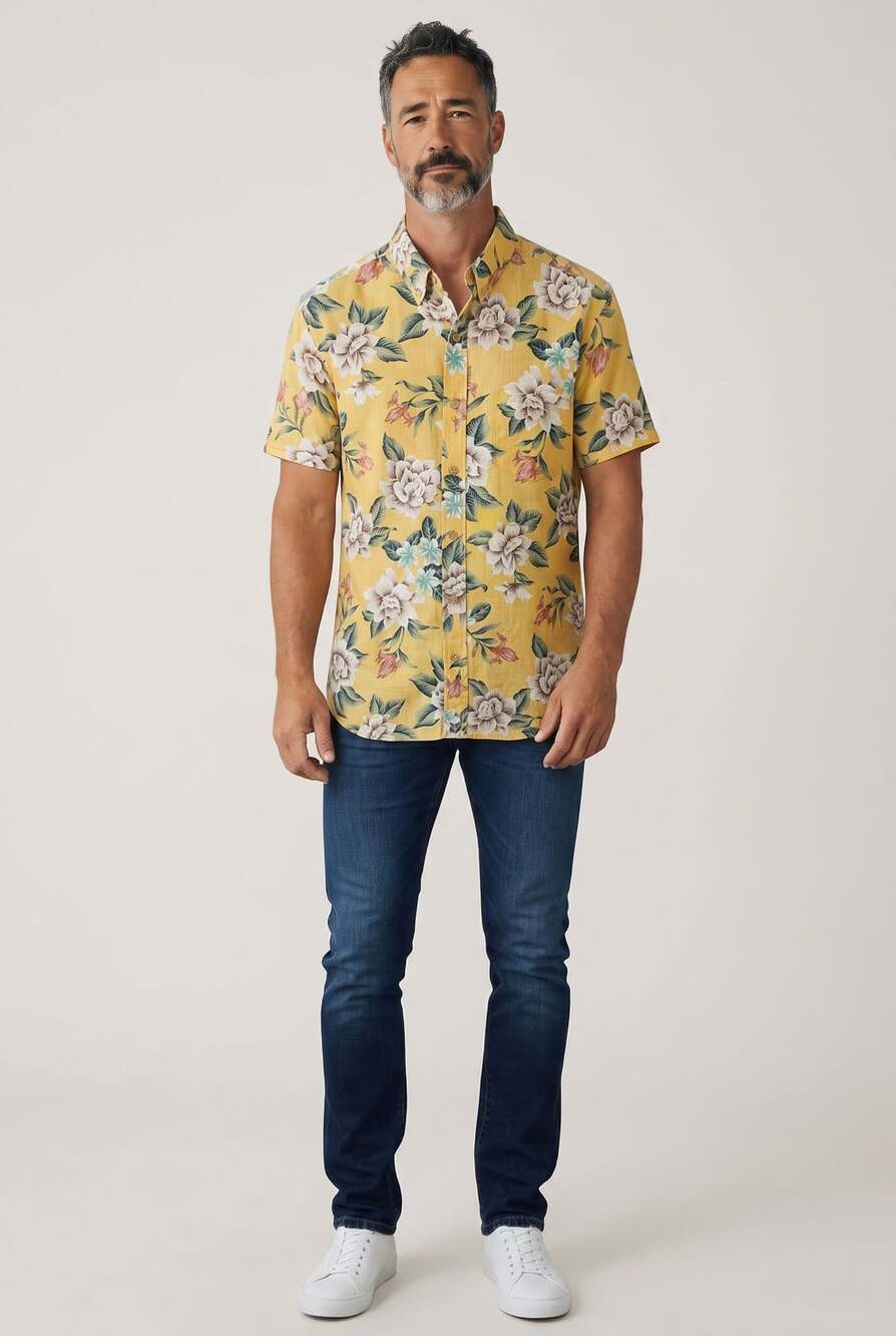 Reyn Spooner Yellow Floral Tailored Fit Short Sleeve Shirt Men's Medium